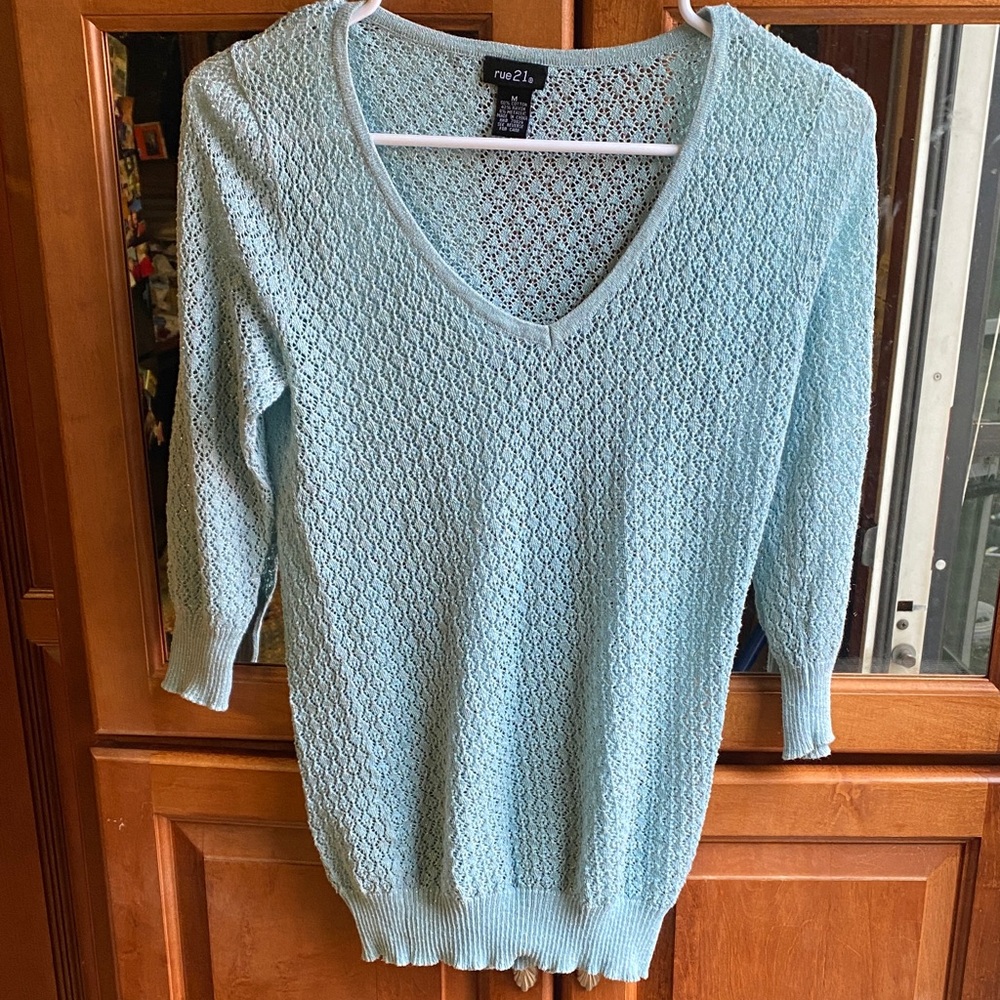 Shimmery Light Blue V-Neck Sheer Sweater Medium Summer Fall